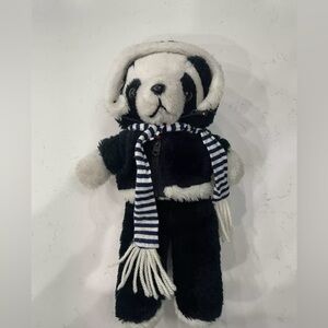 VTG 1983 Interpur 12" Plush Panda Bear w/ Black Zip Hoodie Jacket Stuffed Animal
